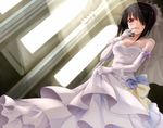  bare_shoulders blush breasts cleavage date_a_live dress elbow_gloves gloves hair_over_one_eye looking_at_viewer medium_breasts qiuzhi_huiyi red_eyes smile solo tokisaki_kurumi wedding_dress white_gloves 