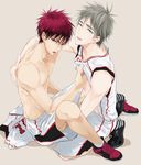  2boys basketball_uniform kagami_taiga kiyoshi_teppei kneeling kuroko_no_basuke male male_focus multiple_boys red_hair shoes sneakers sportswear sweat yaoi 