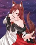  akagashi_hagane animal_ears bare_shoulders brooch brown_hair claw_pose finger_licking imaizumi_kagerou jewelry licking long_hair long_sleeves nail_polish off_shoulder red_eyes red_nails shirt skirt solo tail touhou very_long_hair wide_sleeves wolf_ears wolf_tail 