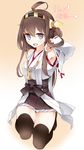  absurdres ahoge black_eyes brown_hair detached_sleeves hairband highres japanese_clothes kantai_collection kongou_(kantai_collection) long_hair oouso smile solo thighhighs 