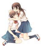  blush dress_shirt hachiko_(hati12) hug kneehighs long_hair multiple_girls original school_uniform shirt shoes short_hair skirt uwabaki yuri 