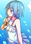  alternate_costume blue_eyes blue_hair bubble dress drinking hair_ornament hairclip mahou_shoujo_madoka_magica miki_sayaka ruka_(naritayuzu) short_hair solo 