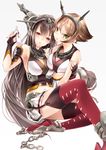  2girls :o asymmetrical_docking bare_shoulders black_gloves boots breast_press breasts brown_hair chain cleavage fingerless_gloves garter_straps gloves green_eyes hair_ornament kantai_collection large_breasts long_hair midriff miniskirt multiple_girls mutsu_(kantai_collection) nagato_(kantai_collection) navel red_eyes red_legwear short_hair skirt tears thigh_boots thighhighs white_gloves zettai_ryouiki 