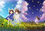  bow brown_eyes brown_hair clannad cloud dress flower furukawa_nagisa garbage_doll girl_from_the_illusionary_world grass hair_bow hat mafelili multiple_girls okazaki_ushio rapeseed_blossoms robot sailor_dress school_uniform short_hair sky sundress 