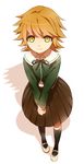  black_legwear blush brown_hair crossdressing danganronpa danganronpa_1 fujisaki_chihiro full_body green_eyes kneehighs long_sleeves male_focus open_mouth otoko_no_ko school_uniform sekina shadow short_hair simple_background skirt solo v_arms white_background 