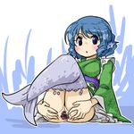  :&lt; animal_ears blue_eyes blue_hair blush censored clitoris head_fins japanese_clothes kimono long_sleeves mermaid monster_girl obi open_mouth pussy sash seki_(red_shine) short_hair solo split_tail spread_pussy touhou wakasagihime wide_sleeves 