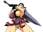  black_hair breasts cattleya glasses large_breasts milf nipple_slip nipples open_mouth patsuki ponytail queen&#039;s_blade queen's_blade sideboob sword weapon white_background 