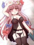  babydoll blush book bow breasts crescent garter_belt hat large_breasts lingerie long_hair lying navel nipples open_mouth panties patchouli_knowledge purple_eyes purple_hair ribbon ry see-through solo sweat thigh_gap touhou underwear 