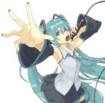  aqua_eyes aqua_hair armpits detached_sleeves foreshortening hands hatsune_miku long_hair microphone music nail_polish necktie open_mouth outstretched_arm simple_background singing skirt solo takanuma_tama thighhighs twintails very_long_hair vocaloid white_background 