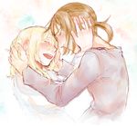  blonde_hair brown_hair christa_renz closed_eyes colored_eyelashes freckles graphite_(medium) hair_grab hand_on_another's_head long_sleeves mixed_media multiple_girls sakura_saki_(bookmark-cherry) shingeki_no_kyojin tears touching traditional_media ymir_(shingeki_no_kyojin) 