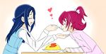  aida_mana amida_desuyo blue_hair bow braid closed_eyes couple dokidoki!_precure feeding food half_updo happy heart highres hishikawa_rikka long_hair multiple_girls omurice pink_bow pink_hair precure profile short_hair simple_background smile spoon table white_background yuri 