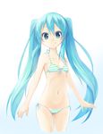  aqua_eyes aqua_hair ass_visible_through_thighs bikini breasts cropped_legs front-tie_top gradient gradient_background hatsune_miku highres long_hair looking_at_viewer manmaru_tamago navel side-tie_bikini simple_background small_breasts smile solo striped striped_bikini swimsuit twintails very_long_hair vocaloid white_background 