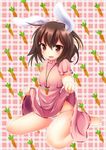  animal_ears barefoot blush brown_hair bunny_ears carrot carrot_necklace carrot_print dress dress_lift food_print inaba_tewi jewelry necklace open_mouth panties pendant red_eyes short_hair sitting solo touhou underwear unushi wariza white_panties 