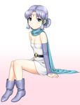  ankle_boots bare_legs belt blush boots breasts circlet dragon_quest dragon_quest_monsters dragon_quest_monsters_plus dress full_body green_eyes hair_tubes marumo petite purple_hair scarf short_dress short_hair short_ponytail sitting small_breasts solo st.germain-sal strapless strapless_dress white_background 