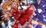  blonde_hair blood bow broken_glass flandre_scarlet glass hat injury mob_cap outstretched_arms outstretched_hand red_eyes short_hair side_ponytail skirt skirt_set solo soushi_(shio040) torn_clothes torn_skirt touhou wings 