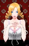  1girl atlus blonde_hair blue_eyes bra breasts catherine catherine_(game) cotora_rainbow demon_girl drill_hair large_breasts lipstick makeup solo underwear 