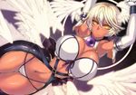  armpits arms_up bare_shoulders blonde_hair breasts cleavage curvy dark_skin elbow_gloves gloves head_wings huge_breasts lilith_(shinrabanshou) looking_at_viewer multiple_wings navel shinrabanshou short_hair slit_pupils smile solo takebouzu thigh_gap white_gloves wide_hips wings yellow_eyes 