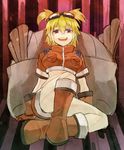  backpack bad_id bad_pixiv_id bag bashikou bel_hydra blonde_hair blood_lad boots breasts gloves goggles goggles_on_head large_breasts navel open_mouth red_eyes short_hair short_twintails shorts sitting solo twintails 