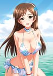  bikini blush breasts brown_eyes brown_hair choker cloud collarbone day idolmaster idolmaster_cinderella_girls kishi_nisen large_breasts long_hair nitta_minami ocean sky smile solo swimsuit venus_syndrome water 