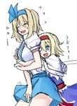  ^_^ alice_margatroid alice_margatroid_(pc-98) bad_id bad_pixiv_id blonde_hair blue_dress blue_eyes blue_hairband capelet closed_eyes dress dual_persona hair_ribbon hairband hug hug_from_behind kenuu_(kenny) multiple_girls older one_eye_closed open_mouth ribbon role_reversal short_hair sketch skirt smile suspenders time_paradox touhou touhou_(pc-98) younger 
