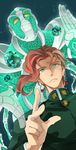  azkn earrings emerald gakuran green_eyes hierophant_green highres jewelry jojo_no_kimyou_na_bouken kakyouin_noriaki multiple_boys pink_hair red_hair school_uniform stand_(jojo) 