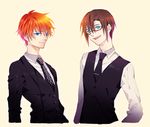  bangoul blue_eyes brown_hair formal genderswap genderswap_(ftm) glasses makinami_mari_illustrious male_focus multiple_boys necktie neon_genesis_evangelion orange_hair rebuild_of_evangelion shikinami_asuka_langley smile souryuu_asuka_langley suit vest 