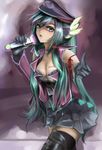  absurdres breasts cleavage copyright_name gloves green_eyes green_hair hat hatsune_miku headphones highres long_hair medium_breasts microphone open_mouth peaked_cap rx? skirt solo tattoo thighhighs vocaloid 