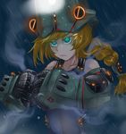  blonde_hair braid cherno_alpha cracking_knuckles dos_(james30226) glowing glowing_eyes green_eyes long_hair mecha_musume mechanical_arms one-piece_swimsuit pacific_rim rain single_braid swimsuit 