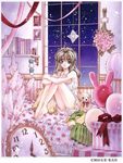  ahoge balloon barefoot book bookshelf brown_eyes brown_hair bunny clock cover cover_page full_body gift kamikaze_kaitou_jeanne kusakabe_maron lowres nightgown official_art ribbon room sitting stuffed_animal stuffed_toy tanemura_arina teddy_bear watermark window 