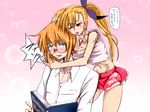  1girl blonde_hair book glasses green_eyes hetero heterochromia image_sample lyrical_nanoha mahou_shoujo_lyrical_nanoha_strikers mengnaidu older pixiv_sample ponytail reading translation_request vivio yuuno_scrya 