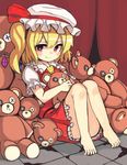  ascot bad_id bad_pixiv_id bare_legs barefoot blonde_hair blush flandre_scarlet gatakigi_gama hat hat_ribbon looking_at_viewer mob_cap puffy_sleeves red_eyes ribbon shirt short_hair short_sleeves side_ponytail sitting skirt skirt_set smile solo stuffed_animal stuffed_toy teddy_bear tile_floor tiles touhou vest wings 