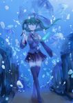  bad_id bad_pixiv_id boots bubble detached_sleeves green_eyes green_hair hatsune_miku jellyfish long_hair necktie skirt solo submerged thigh_boots thighhighs twintails umbrella underwater vocaloid walking 