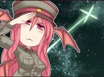  :&lt; bat_wings breasts comic hat head_wings koakuma kuresento liftoff long_hair medium_breasts military military_uniform red_eyes red_hair salute sky star_(sky) starry_sky touhou uniform wings 