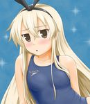  blonde_hair brown_eyes competition_swimsuit hairband kantai_collection long_hair one-piece_swimsuit shimakaze_(kantai_collection) solo speedo_(company) swimsuit tk4 