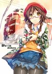  brown_hair camera glasses ground_vehicle hat jacket mole mole_under_mouth original pantyhose pentax ryuji_(ikeriu) school_uniform short_hair skirt smile solo train vest yellow_eyes 