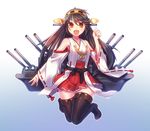  :d bare_shoulders black_hair boots brown_eyes cannon detached_sleeves hairband haruna_(kantai_collection) headgear japanese_clothes kantai_collection long_hair looking_at_viewer nontraditional_miko open_mouth skirt smile solo thigh_boots thighhighs yukimura_tsubame zettai_ryouiki 