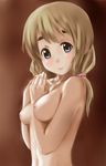  blue_eyes blush breasts brown_hair k-on! kiruhi kotobuki_tsumugi long_hair medium_breasts nipples nude smile solo 