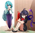  ahoge asymmetrical_wings bare_legs black_hair blue_eyes blue_hair dress geta heterochromia highres houjuu_nue karakasa_obake leaning_forward multiple_girls no_socks pointy_ears purple_umbrella red_eyes short_hair sitting skirt smile tatara_kogasa touhou umbrella wings yamato_(muchuu_paradigm) 