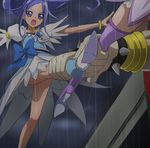  blue_bow blue_eyes boots bow choker cure_diamond cure_sword dokidoki!_precure haruyama_kazunori heart hishikawa_rikka kenzaki_makoto long_hair magical_girl multiple_girls open_mouth precure purple_footwear purple_hair rain thigh_boots thighhighs 