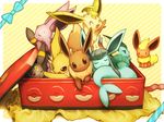  :&lt; :d :p ^_^ ^o^ black_eyes blue_bow bow box brown_eyes closed_eyes closed_mouth diagonal_stripes eevee espeon flareon fuchsia gen_1_pokemon gen_2_pokemon gen_4_pokemon gen_6_pokemon glaceon highres in_box in_container jitome jolteon leafeon looking_at_viewer no_humans open_mouth poke_ball_print pokemon pokemon_(creature) purple_eyes red_eyes scratching sitting sleeping smile solid_oval_eyes striped striped_background sylveon teardrop tongue tongue_out umbreon vaporeon 