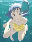  air_bubble barefoot blue_eyes blue_hair breath bubble freediving highres loundraw one-piece_swimsuit open_mouth original short_hair solo swimming swimsuit underwater 