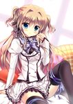  azumi_kazuki black_legwear blonde_hair blue_eyes hair_intakes hair_ribbon juliet_sleeves leg_up long_hair long_sleeves looking_at_viewer mashiroiro_symphony pillow puffy_sleeves ribbon school_uniform sena_airi shirt sitting skirt solo thigh_ribbon thighhighs two_side_up very_long_hair zettai_ryouiki 