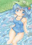  blue_eyes blue_hair breasts fish grass hair_bobbles hair_ornament hat kawashiro_nitori medium_breasts one-piece_swimsuit river rock satsuki_(gogotaru) school_swimsuit short_hair sitting solo swimsuit touhou traditional_media two_side_up water 