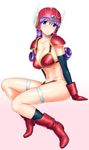  abs armor bikini_armor blue_eyes blush boots breasts choker curly_hair detached_sleeves dragon_quest dragon_quest_iii full_body gloves helmet highres large_breasts long_hair midriff navel purple_hair red_armor shoulder_pads sideboob sitting smile socks soldier_(dq3) solo st.germain-sal thigh_strap underboob winged_helmet 