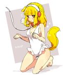  aano_(10bit) animal_ears barefoot blonde_hair dog_ears dog_tail hairband highres kemonomimi_mode kise_yayoi kneeling precure sketch smile_precure! solo swimsuit tail white_hairband yellow_eyes 