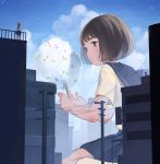  2girls :t building city clouds day eating female giantess kneeling multiple_girls original outdoors short_hair skirt tensen 