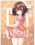  :3 animal_ears ass blush brown_hair bunny_ears bunny_tail dress dress_lift inaba_tewi looking_back red_eyes short_hair solo tail touhou unushi 