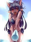  :d animal_ears bare_shoulders bikini black_hair blush breasts cat_ears cleavage dark_skin esoragoto extra_ears food highres large_breasts long_hair looking_at_viewer ocean open_mouth original pointy_ears popsicle red_eyes side-tie_bikini smile solo swimsuit wet 