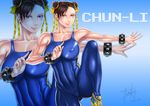  alternate_costume bad_id bad_pixiv_id breasts brown_eyes brown_hair cameltoe chun-li covered_nipples double_bun erick_chong fighting_stance hair_ribbon large_breasts lips muscle ribbon shoes short_hair skin_tight solo standing standing_on_one_leg street_fighter street_fighter_zero_(series) studded_bracelet unitard zoom_layer 