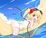  :d ass banana blonde_hair blue_sky blush cloud day fang flandre_scarlet food fruit goggles goggles_on_head md5_mismatch nikku_(ra) one-piece_swimsuit open_mouth pointing red_eyes school_swimsuit short_hair side_ponytail sky smile solo swimsuit touhou water wet white_school_swimsuit white_swimsuit wings 